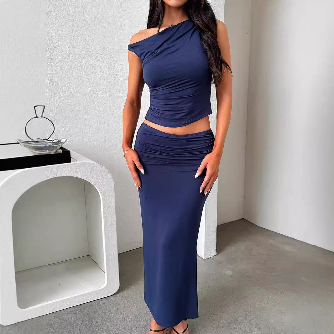 European And American One-shoulder Pleated Off-shoulder Top Sheath Skirt Two-piece Set